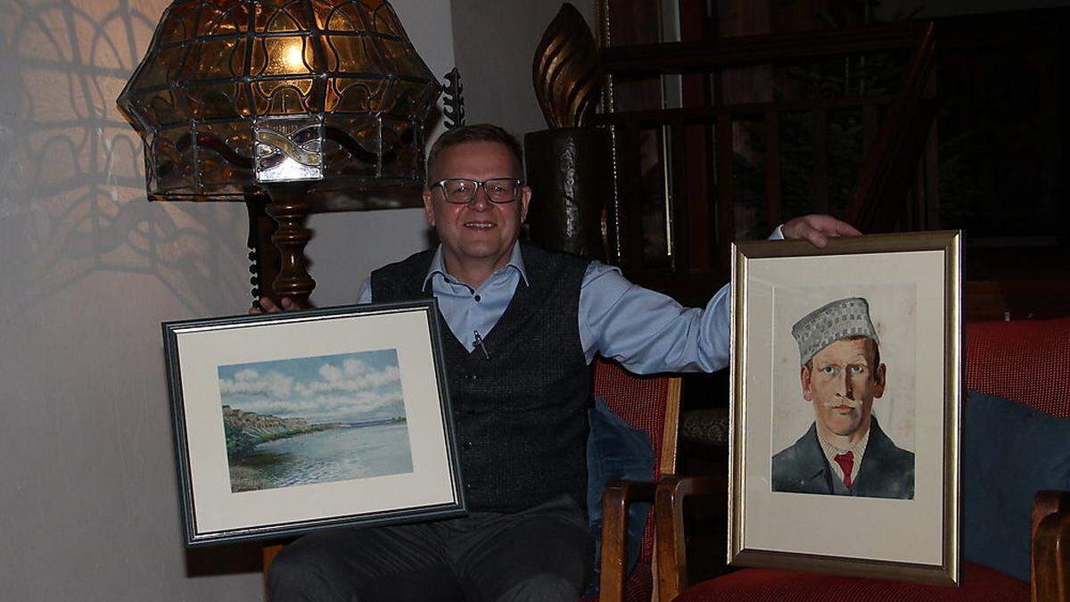 Hubert Kohlmayr zeigt ein Aquarell und das Selbstportrait seines Großvaters