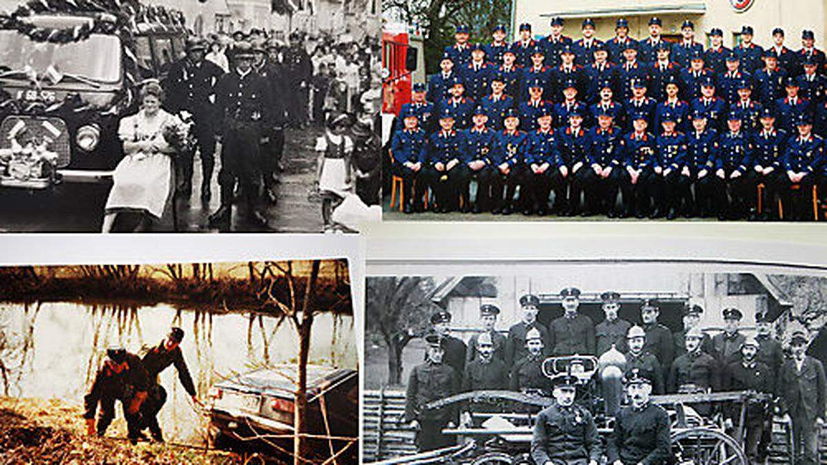 Von links: Fahrzeugsegnug 1959, Foto der Mannschaft 2004, Autobergung aus der Gurk 1982, die damalige Feuerwehrmusik