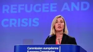 (FILES) High Representative/Vice-President Federica Mogherini gives a joint press conference with International Organisation for Migration's Director-General Antonio Vitorino and United Nations High Commissioner for Refugees Filippo Grandi (unseen) during the International Solidarity Conference on the Venezuelan refugee and migrant crisis at the EU Headquarters in Brussels on October 29, 2019. The EU's former foreign policy chief Federica Mogherini has been charged along with two others in a probe into "fraud and corruption" over contracts to train future European diplomats, the European Public Prosecutor's Office said on December 3, 2025. (Photo by JOHN THYS / AFP)