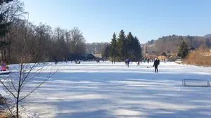 Blick auf den „Stelzl-Teich“ in Stainz. Eislaufen kann man dort erst seit zirka zweieinhalb Wochen
