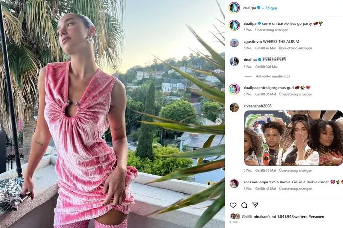 Sängerin Dua Lipa durfte ebenfalls einen Song für den Film beisteuern und eine kleine Rolle spielen. Privat trägt der Popstar auch gerne pink.