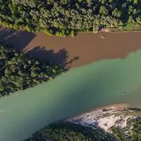 Teil des ersten Fünf-Länder-Biosphärenparks: Der Zusammenfluss von Mur (oben, dunkel) und Drau (darunter, hell) zwischen Kroatien und Ungarn