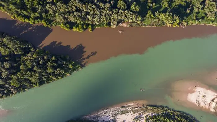 Teil des ersten Fünf-Länder-Biosphärenparks: Der Zusammenfluss von Mur (oben, dunkel) und Drau (darunter, hell) zwischen Kroatien und Ungarn