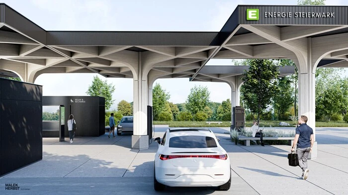 Die neue Anlage bietet für zehn Elektro-Fahrzeuge Ladestationen von bis zu 400 kW an (Rendering)  