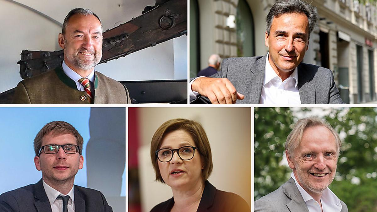 Die Akademiker unter den Grazer Stadtregierungsmitgliedern: Mario Eustacchio (FPÖ), Siegfried Nagl (ÖVP), Robert Krotzer (KPÖ), Judith Schwentner (Grüne), Günter Riegler (ÖVP)