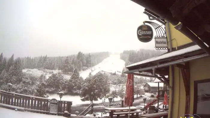 Blick vom Moasterhaus auf den Steilhang des Schigebiets Salzstiegl. Der Winter lässt grüßen.