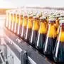 Automated modern beer bottling factory line with glasses bottles on conveyor. Banner Brewery industry food manufacturing, sunlight.