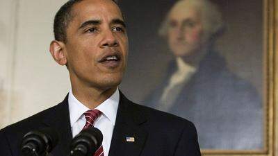 Barack Obama - im Hintergrund ein Gemälde des 1. Präsidenten der USA, George Washington 