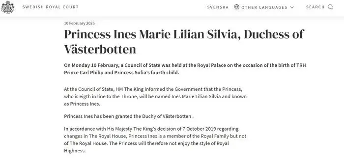 Auf seiner Website hat der schwedische Hof den Namen der jüngsten Tochter von Prinzessin Sofia und Prinz Carl Philip bekanntgegeben