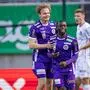 KLAGENFURT,AUSTRIA,25.FEB.24 - SOCCER - ADMIRAL Bundesliga, SK Austria Klagenfurt vs FC Blau Weiss Linz. Image shows the rejoicing of Aaron Sky Schwarz and Solomon Owusu Bonnah (A.Klagenfurt).   
Photo: GEPA pictures/ Matthias Trinkl