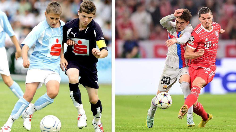 Einst und jetzt: Der kleine Marcel Sabitzer beim Schülerligafinale 2007 und im Champions-League-Duell für den FC Bayern gegen Barcelona – Sabitzer ist jeweils rechts im Bild