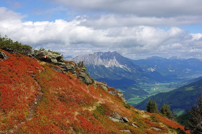 Berghang im Herbstkleid: Blick vom Kochofen auf den Grimming und das grüne Ennstal