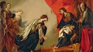 SCP50025 Esther in front of Ahasuerus, c.1645-50 (oil on canvas) by Cavallino, Bernardo (1616-54); 76x102 cm; Galleria degli Uffizi, Florence, Tuscany, Italy; (add.info.: by Bernardo Cavallino).