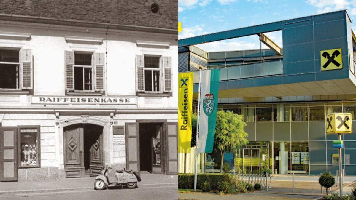 1939 war die Raiffeisenbank im Dietrichhaus untergebracht (l.). Seit 2004 findet das Tagesgeschäft in der Halbenrainstraße 2 (r.) statt