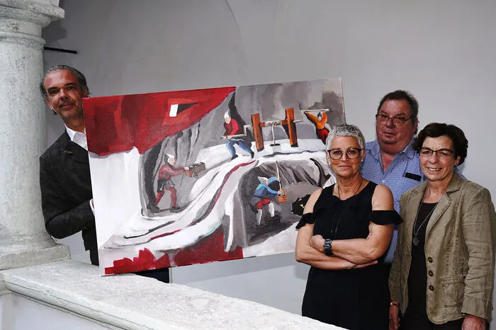 Hausherr Wolfgang Rotomer, Künstlerin Angelika Unterberger, Galerist Manfred Zöhrer und Bürgermeisterin Anita Gössnitzer