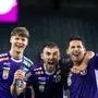 KLAGENFURT,AUSTRIA,24.APR.24 - SOCCER - ADMIRAL Bundesliga, championship group, SK Austria Klagenfurt vs Red Bull Salzburg. Image shows the rejoicing of Jannik Robatsch (A.Klagenfurt), Andy Irving (A.Klagenfurt) and Sebastian Guerra Soto (A.Klagenfurt). Photo: GEPA pictures/ Matic Klansek