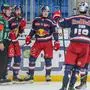 SZEKESFEHERVAR,HUNGARY,09.MAR.25 - ICE HOCKEY - ICE Hockey League, play off quarterfinal, Fehervar AV 19 vs EC Red Bull Salzburg. Image shows rejoicing of Andrew Rowe, Nikolaus Kraus and Philip Jakob Sinn (EC RBS).
Photo: GEPA pictures/ Csaba Doemoetoer
