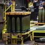 155 mm caliber shells are pictured post manufacturing and ready for shipment at the Scranton Army Ammunition Plant (SCAAP) in Scranton, Pennsylvania on April 16, 2024. In brick buildings that are more than a century old, nearly in the heart of Joe Biden's Rust Belt hometown of Scranton, Pennsylvania, dated machinery churns artillery for modern conflicts, especially the war in Ukraine. The Scranton Army Ammunition Plant (SCAAP) is making steel tubes for 155 mm caliber shells, which are crucial to Kyiv's efforts to face down Moscow's invasion. (Photo by Charly TRIBALLEAU / AFP)