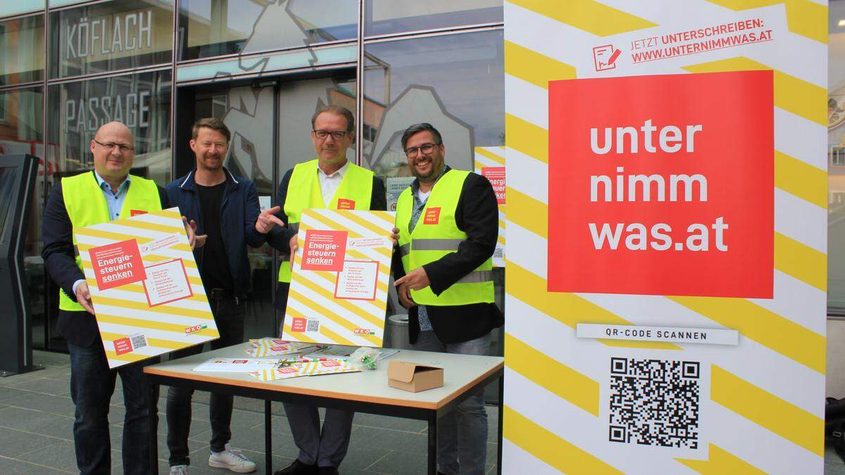 WKO-Regionalstellenobmann Peter Sükar, Gastronom Hannes Schlosser, WKO-Vizepräsident Andreas Herz sowie Unternehmer Hannes Buchhauser, Landesvorsitzender der Jungen Wirtschaft