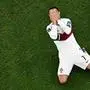 TOPSHOT - Portugal's forward #07 Cristiano Ronaldo reacts during the Qatar 2022 World Cup quarter-final football match between Morocco and Portugal at the Al-Thumama Stadium in Doha on December 10, 2022. (Photo by MANAN VATSYAYANA / AFP)