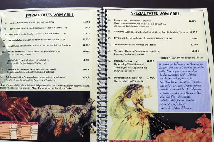 Die Speisekarte ist griechisch. Sie beinhaltet auch einen Auszug aus der griechischen Mythologie.