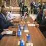 October 19, 2024, Naples, Italy: U.S. Defense Secretary Lloyd Austin, left, remarks during a bilateral meeting with Japanese Defense Minister Gen Nakatani, right, on the sidelines of the G7 Defense Ministers meeting, October 19, 2024 in Naples, Italy. Naples Italy - ZUMAp138 20241019_zaa_p138_017 Copyright: xChadxMcneeley/Dodx