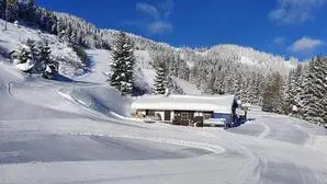 Eine verschneite Hütte  | Bei der Talstation der Doppel-Schlepplifte befindet sich die „Kuhgrabenhütte“