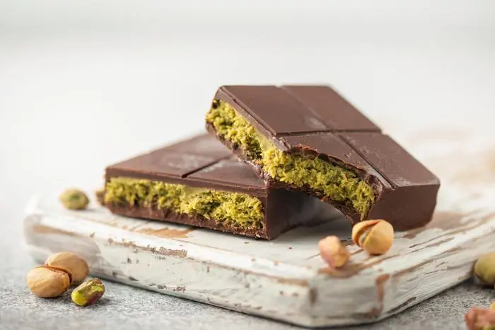 Dubai chocolate  with green cataifi and pistachio paste. Trend dessert