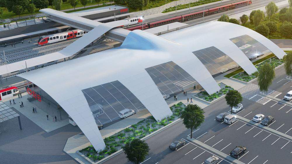 Eine Studie des neuen Bahnhofes Weststeiermark bei Groß St. Florian. Eröffnet werden soll er Ende 2024