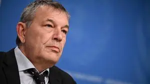 UNRWA Commissioner General Philippe Lazzarini looks on during a press conference on the situation in Gaza at the United Nations offices in Geneva on November 18, 2024. (Photo by Fabrice COFFRINI / AFP)