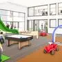 Geplant ist ein Spielplatz mit Cafè, das durch große Fensterflächen den Blick auf die Kinder frei gibt