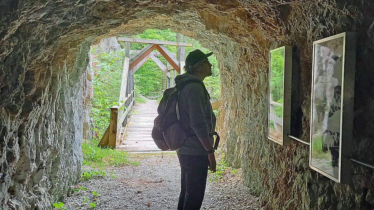 Blick in das &quot;Tunnelkino&quot;, in dem die Funktionsweise der Holztrift dargestellt ist