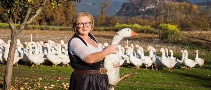 Eine Frau hält eine Gans in den Händen. Im Hintergrund sieht man viele Gänse und die Burg Hochosterwitz.