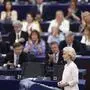 European Commission President Ursula von der Leyen addresses the plenary at the European Parliament in Strasbourg, eastern France, Thursday, July 18, 2024. Ursula von der Leyen was making her final pitch Thursday to lawmakers at the European Parliament ahead of a vote on whether to grant her a second five-year term as president of the European Union's executive commission. (AP Photo/Jean-Francois Badias)