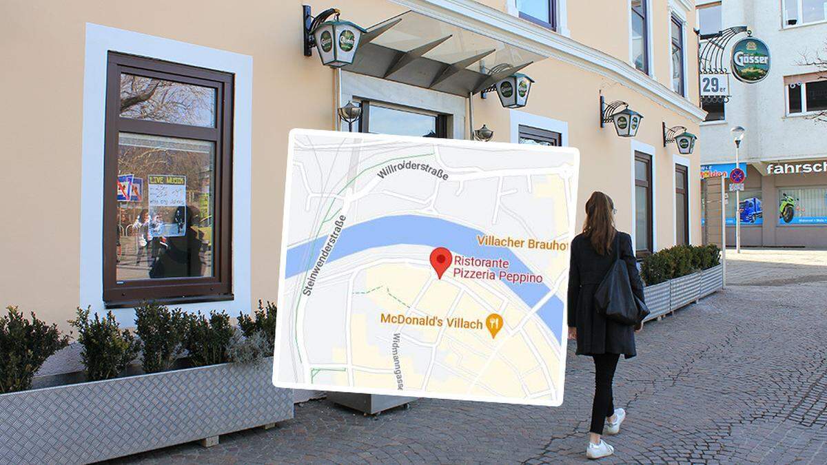 Der Standort der Pizzeria Peppino wird fälschlicherweise in der Lederergasse in Villach am früheren Standort des 29er-Lokals angezeigt