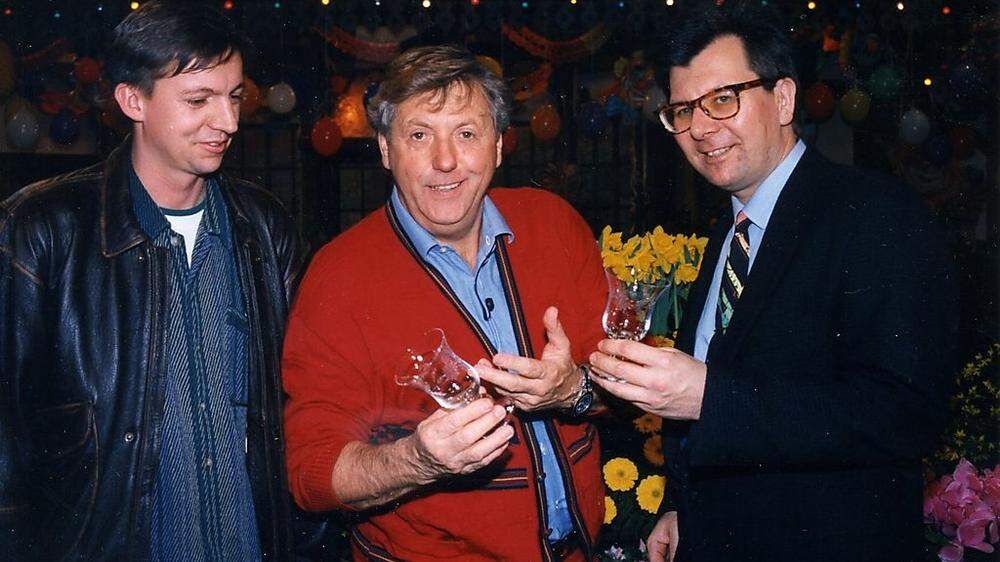 Daniel Taucher, Karl Moik und Ernst Wustinger vor dem Musikantenstadl 1995 in Voitsberg