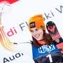 KRANJSKA GORA,SLOVENIA,07.JAN.24 - ALPINE SKIING - FIS World Cup, slalom, ladies, award ceremony. Image shows the rejoicing of Petra Vlhova (SVK). Keywords: trophy. Photo: GEPA pictures/ Matic Klansek