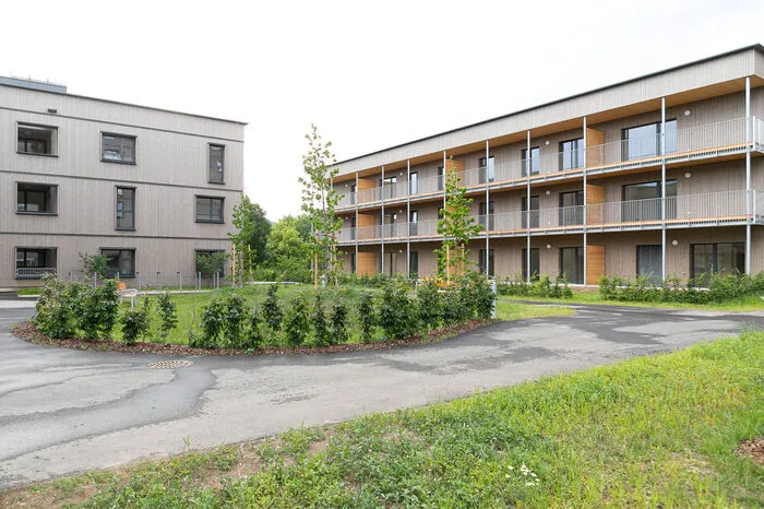 Die Außenwände der niederen Baukörper wurden in Riegelbauweise errichtet, die höheren in BSP Holzmassiv.