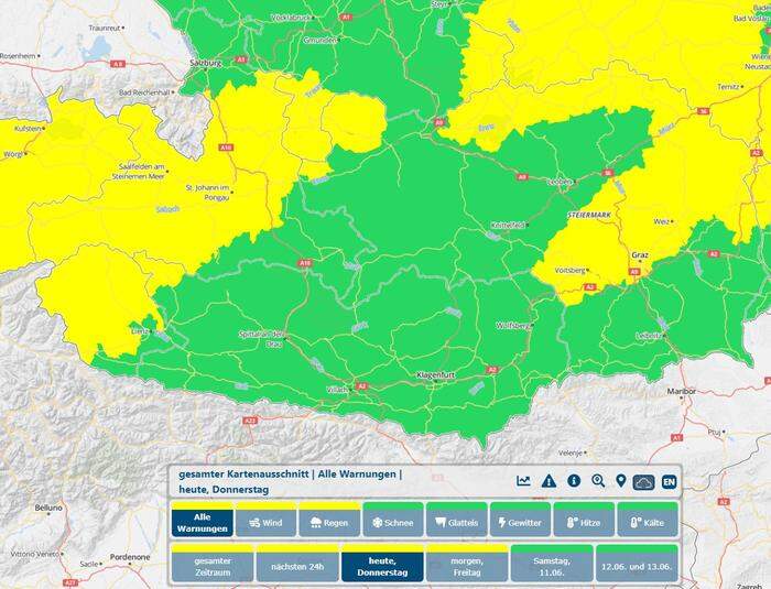 Warngebiete: Im Westen und Nordosten wird vor größeren Regenmengen gewarnt, am Alpenostrand vor Sturm
