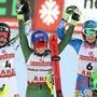 Das Podest von links nach rechts: Anna Swenn Larsson, Mikaela Shiffrin und Petra Vlhova