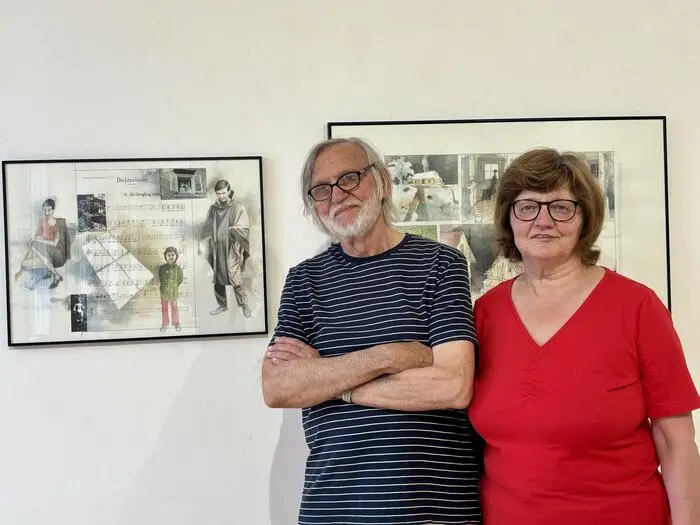 Franz Dampfhofer mit seiner Frau Anna, die er 1975 kennenlernte, vor Arbeiten aus dem Zyklus „Vater und Sohn“ in der Galerie Marenzi.