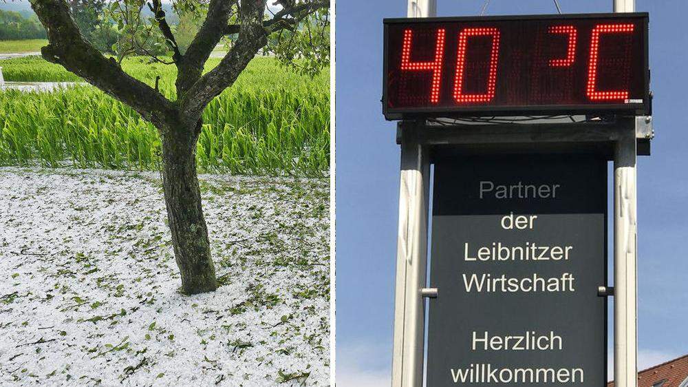 Hagelunwetter am Mittwoch in Hohenbrugg an der Raab - am Donnerstagnachmittag zeigte das Thermometer in Leibnitz den (nicht offiziellen!) Wert von 40 Grad an