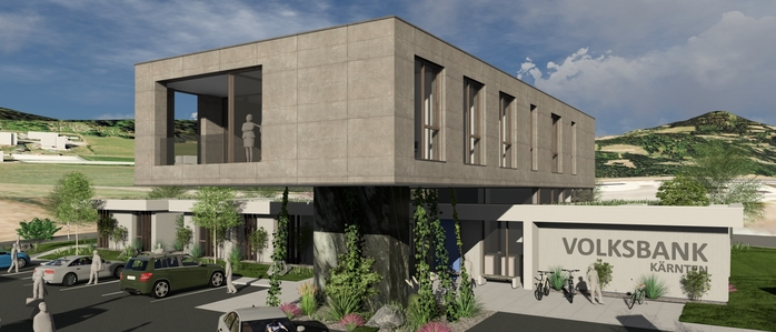 Am Bild ist die Visualisierung der neuen Volksbank-Filiale in Feldkirchen zu sehen