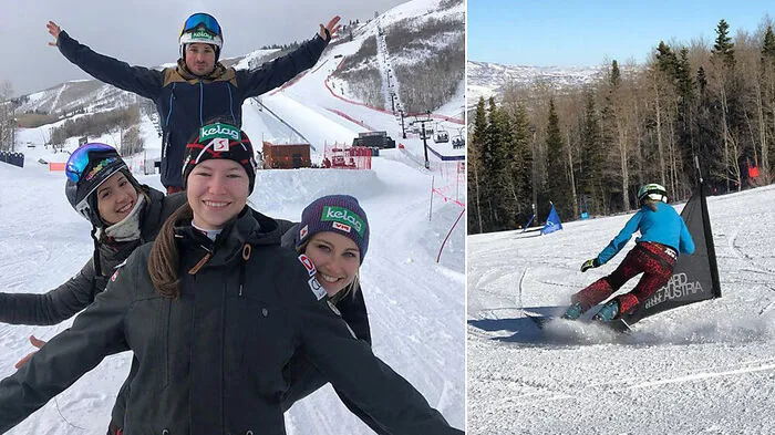 Das Kärntner WM-Quartett für den Parallel-RTL in Park City (USA): Alex Payer (hinten), Daniela Ulbing, Jemima Juritz und Sabine Schöffmann (v. l. n. r.)