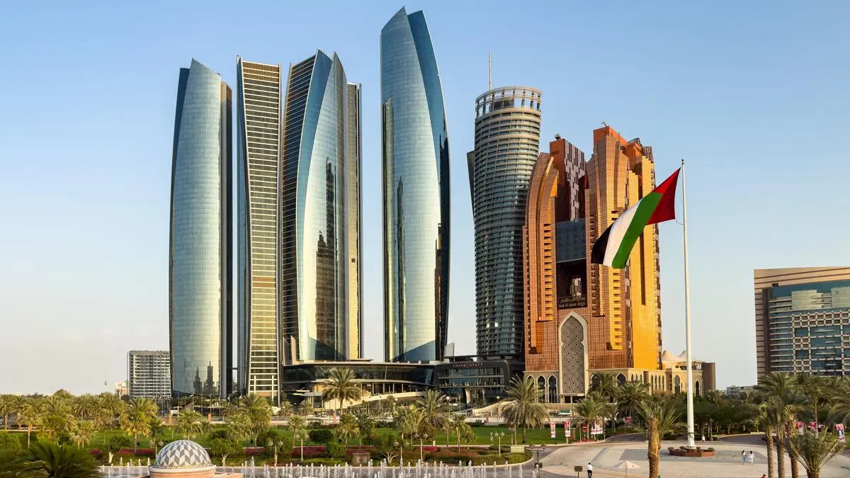 RECORD DATE NOT STATED  Abu Dhabi skyline with Etihad Towers as seen from Emirates Palace at night *** Abu Dhabi silouhetten mit Etihad T