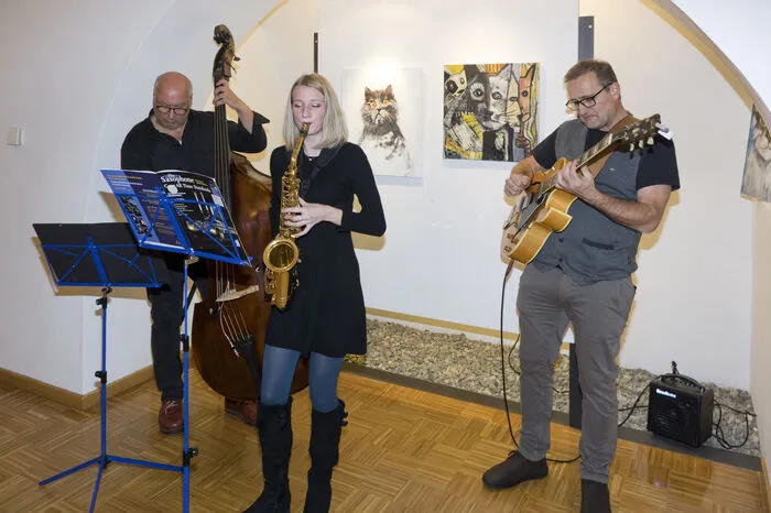 Musikalisch begleitet wurde die Vernissage von Samira (Altsaxophon), Gernot (Gitarre) und Gerhard (Kontrabass).