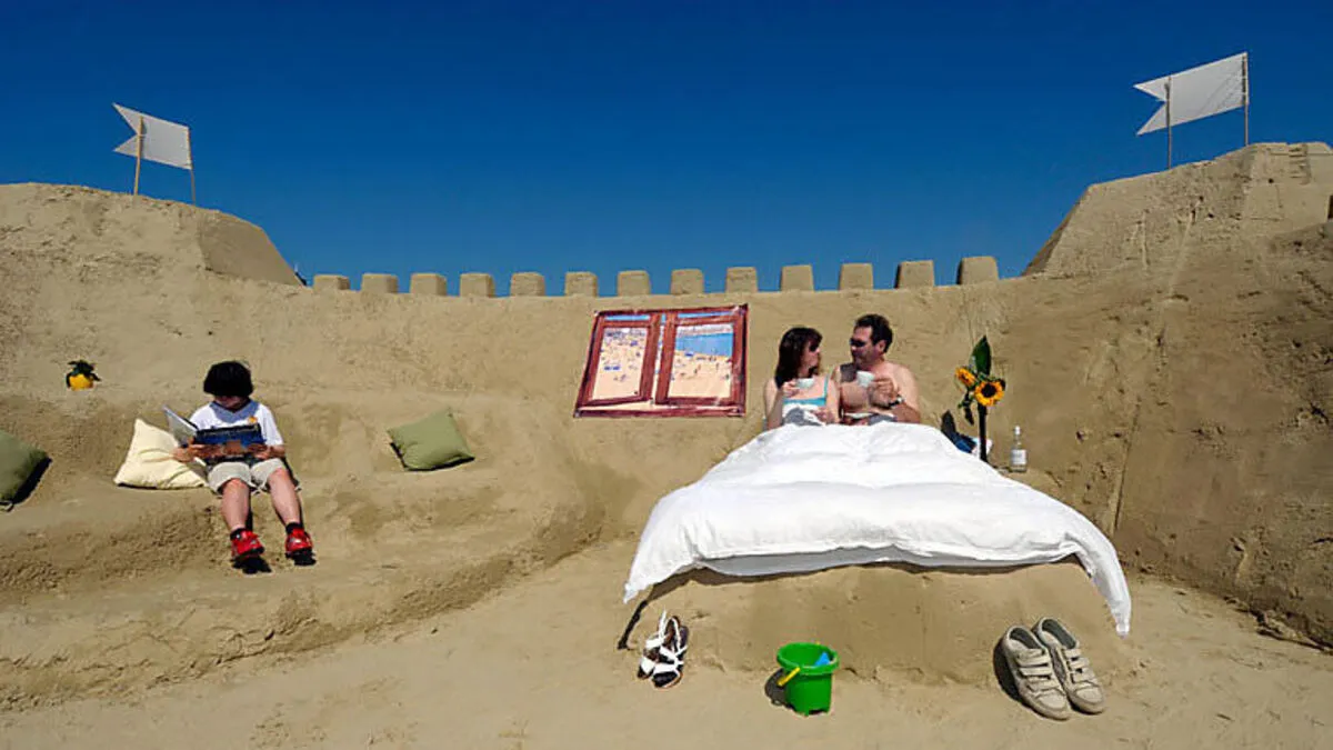 The world?s first ever sand hotel and the largest sandcastle built in the UK, Weymouth beach, Dorset, Britain, UK