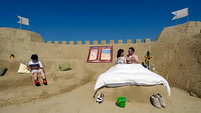 The world?s first ever sand hotel and the largest sandcastle built in the UK, Weymouth beach, Dorset, Britain, UK