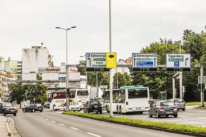 35.000 passieren hier auf Höhe des Kalvariengürtels die für Autos an sich gut ausgebaute Wiener Straße: trotzdem regelmäßig Stau.