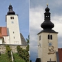 Voriges Jahr brachen plötzlich Verputzteile ab, nun ist der Kirchturm in Piber saniert | Collage Pfarrkirche St. Andreas in Piber, Bezirk Voitsberg, Pfarre Piber, Kirchturm, Kirchturmsanierung
